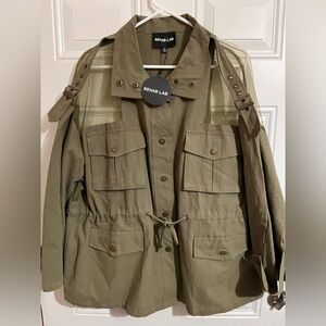 Rehab Lab Women’s Field Jacket Military Style Snap Button Sheer Shoulder Green S